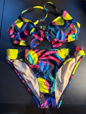Black Tropical Print Bikini Set with Yellow, Pink & Blue Accents